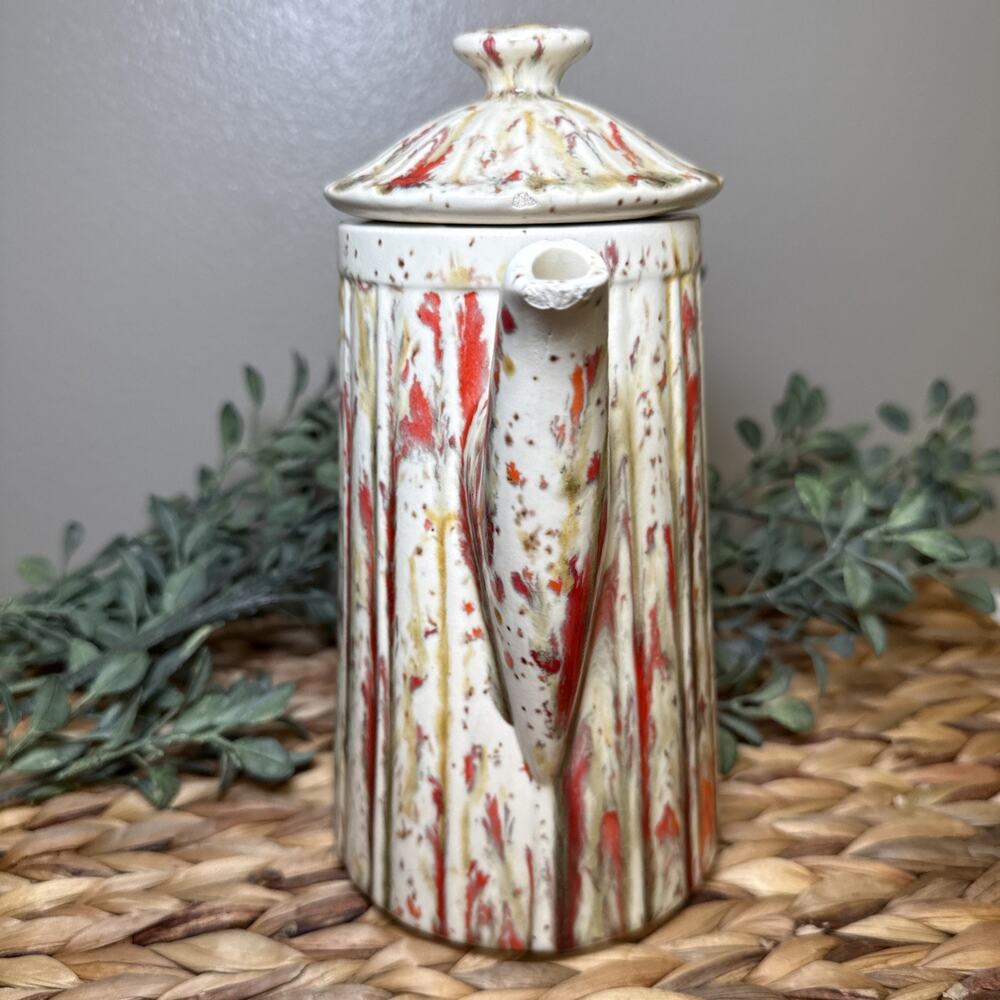 Vintage Studio Pottery Coffee Pot Red Drip Glaze Fluted Ceramic 10” MCM, Chips - Picture 2 of 13